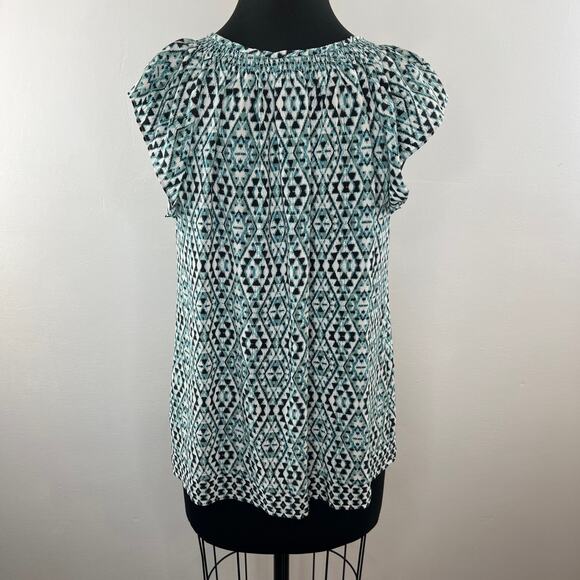 JOIE Blue Black Diamond Southwest Print Tassel Tie Neck Flutter Sleeve Blouse S - Picture 5 of 7